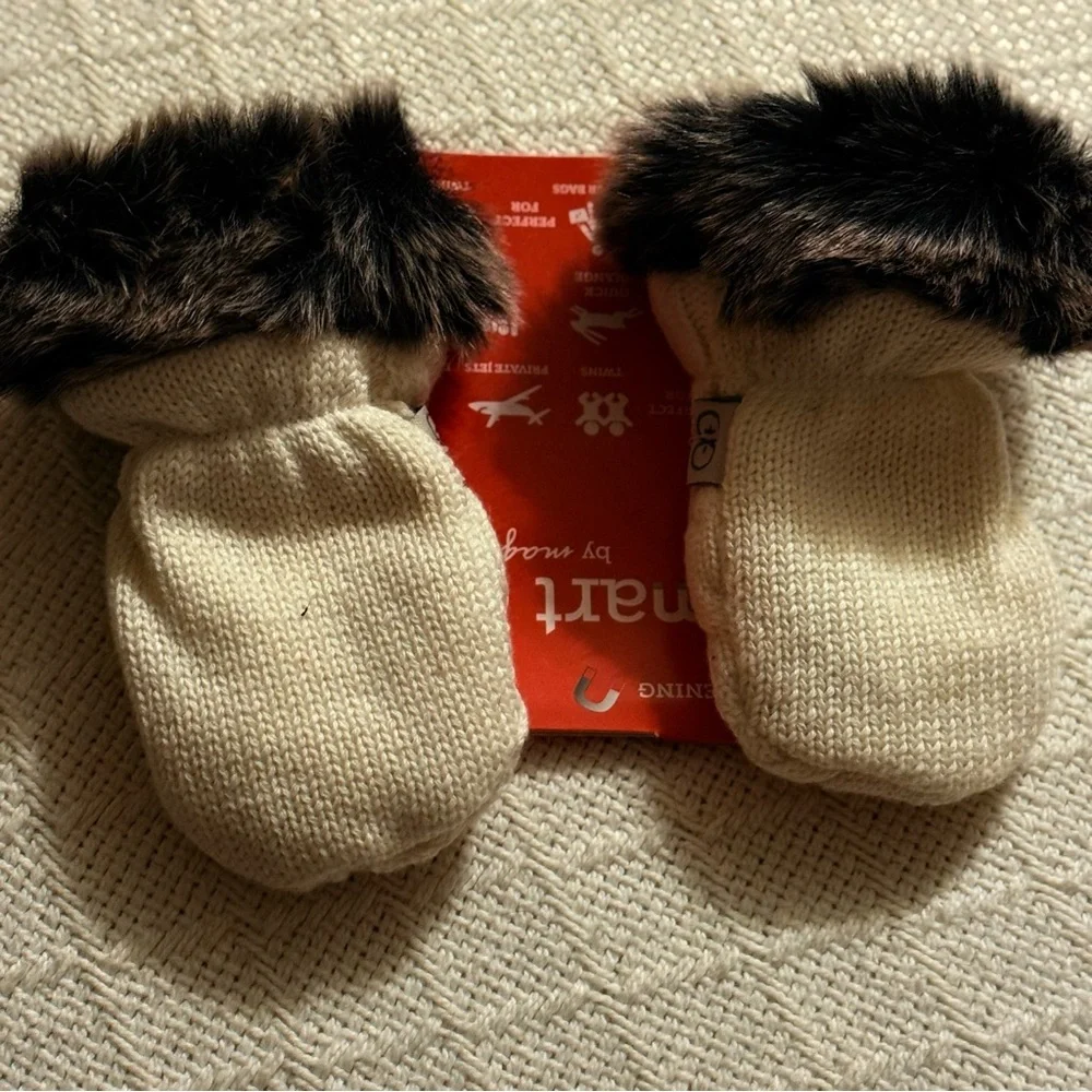 NWT Magnificent Baby Cream Mittens with Brown Fur Trim